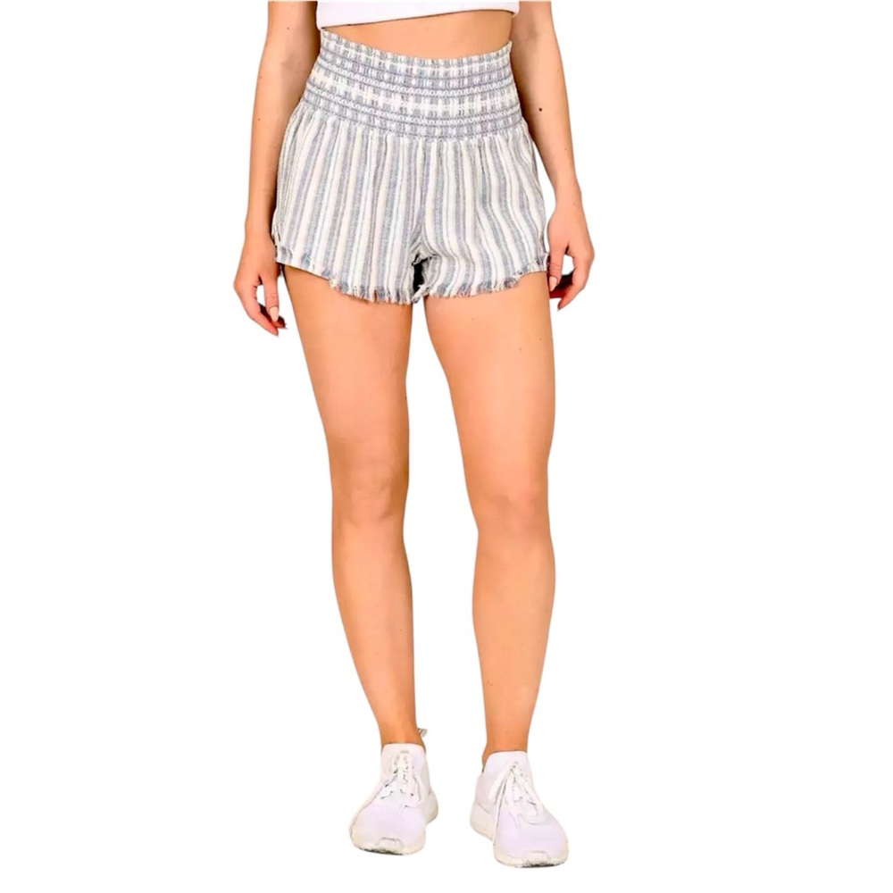 REWASH Size XS Women's Smocked Elastic Waist Blue‎ Striped Shorts Raw Hems EUC